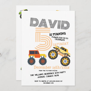 Boys Monster Car Trucks 5th Birthday Party Invitation