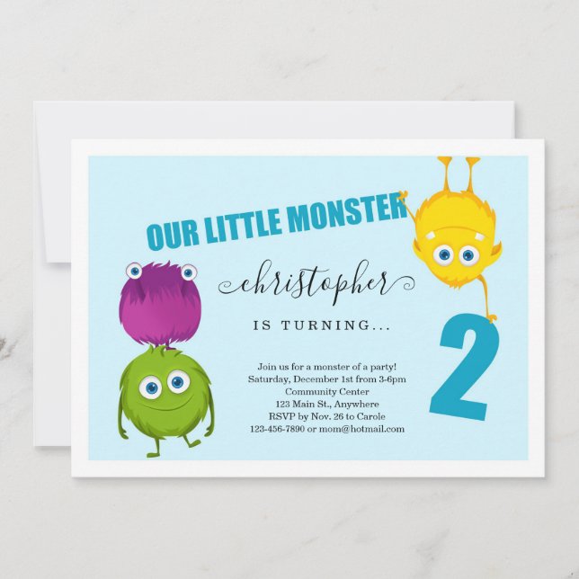 Boy's Monster First 2nd Birthday Party Invitation (Front)