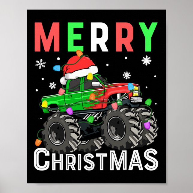 Boys Monster Truck Merry Christmas Santa Hat Kids  Poster (Front)
