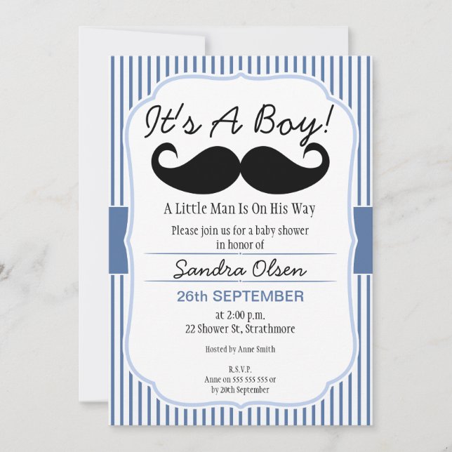 Boys Mustache Baby Shower Invitation (Front)