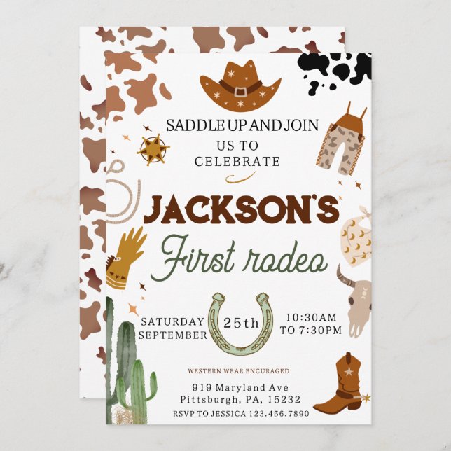 Boys My First Rodeo Cowboy 1st Birthday Invitation (Front/Back)