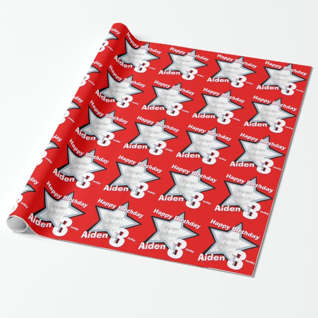Boys name age 3 add your photo star pattern wrapping paper (Unrolled)