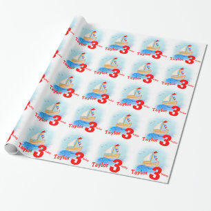 Boys name age painted sail boat birthday wrap wrapping paper