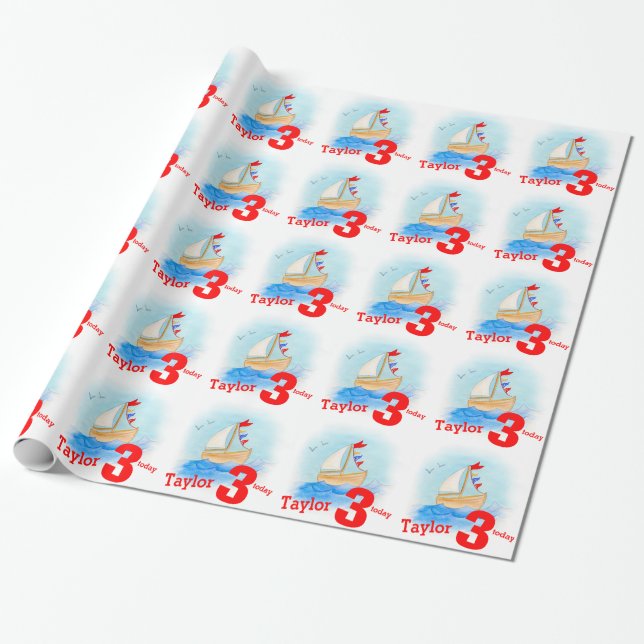 Boys name age painted sail boat birthday wrap wrapping paper (Unrolled)