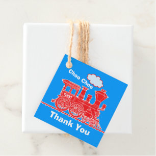 Boys name age train loco red blue birthday  favour tags