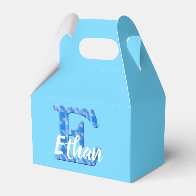Boys Name Custom Plaid Letter E Custom Blue Favour Box (Front Side)
