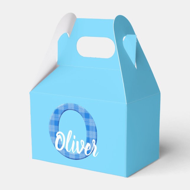 Boys Name Custom Plaid Letter O Custom Blue Favour Box (Front Side)