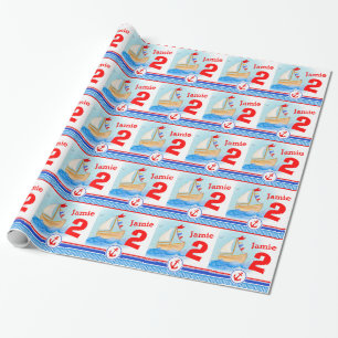 Boys name painted sail boat 2nd birthday wrap wrapping paper