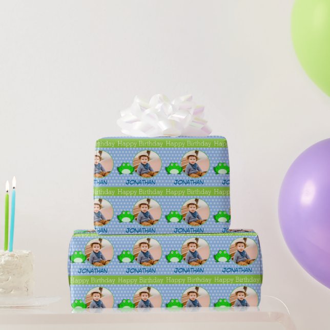 Boys Name Photo Birthday Blue & Green Frog Wrapping Paper (Party Gifts)