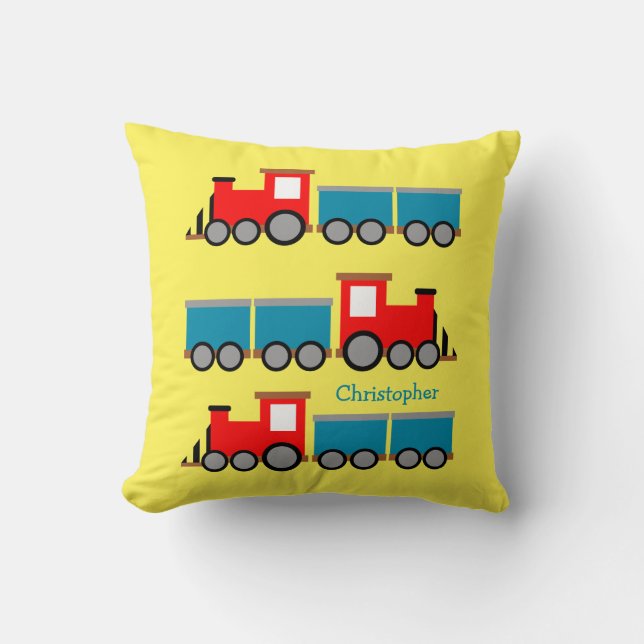 Boys Name Train Toys Personalised Cute Nursery Cushion (Front)