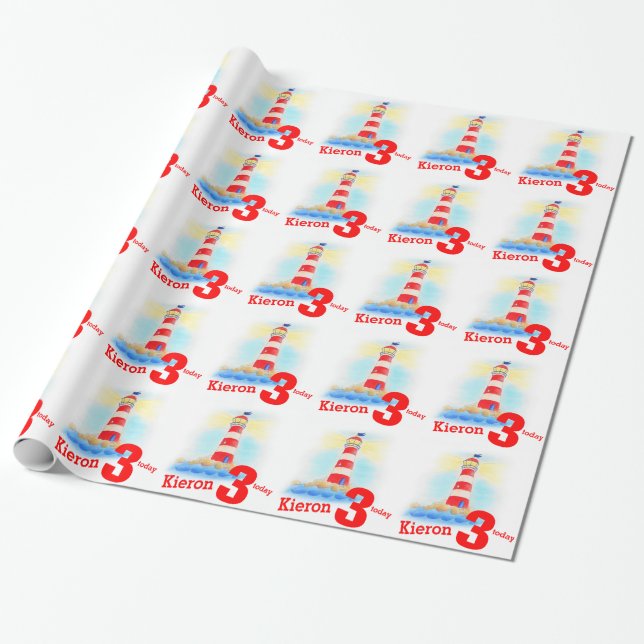 Boys named painted lighthouse 3rd birthday wrap wrapping paper (Unrolled)
