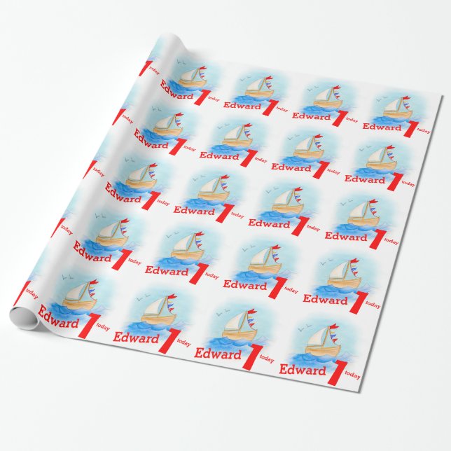 Boys named painted sail boat 1st birthday wrap wrapping paper (Unrolled)