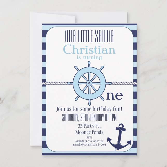 Boys Nautical 1st Birthday party Invitation (Front)