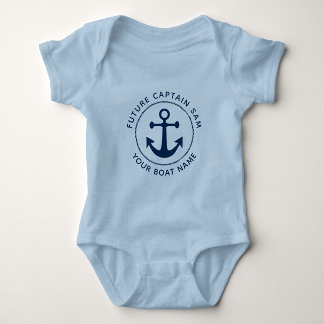 Boy's Nautical Navy Anchor Rope Captain Boat Name Baby Bodysuit (Front)