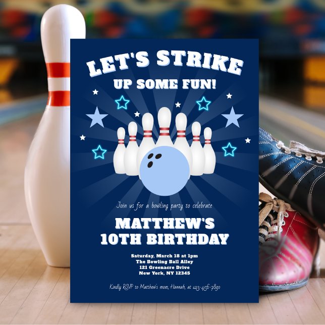 Boy's Navy Blue Bowling Birthday Party Invitation (Creator Uploaded)