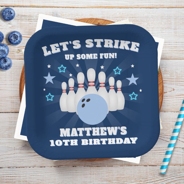 Boy's Navy Blue Bowling Birthday Party Paper Plate (Creator Uploaded)