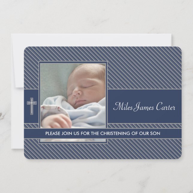Boys Navy Blue Photo Baptism Christening Invitation (Front)