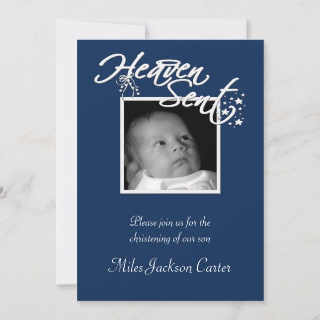 Boys Navy Blue Photo Christening Invitation (Front)