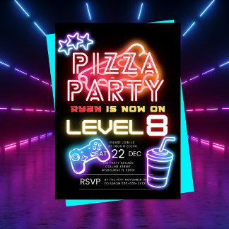 Boy's Neon Pizza Party Birthday Invitation