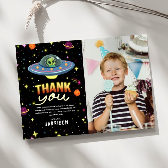 Boys Neon Space UFO Birthday Photo Thank You Card (Creator Uploaded)