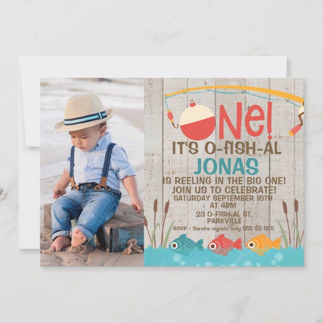 Boys o fish ally one photo birthday invitation (Front)