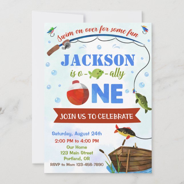 Boy's Ofishally ONE birthday invitation O-fish-al (Front)