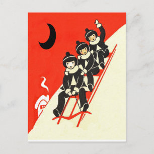Boys on a Sled Winter Scene Postcard
