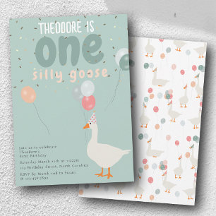 Boy's One Silly Goose 1st Birthday Party Blue Invitation