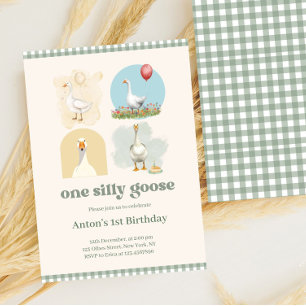 Boys One Silly Goose Blue First Birthday Gingham Invitation