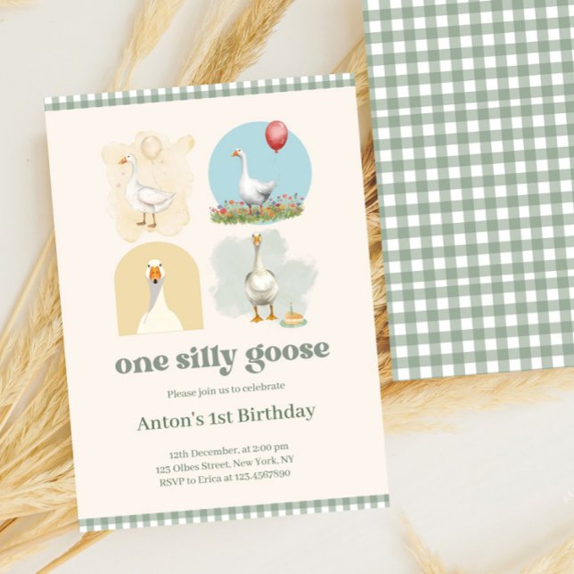 Boys One Silly Goose Blue First Birthday Gingham Invitation (one silly goose, 1st birthday, farm, boys first birthday boy, blue gingham, whimsical, sage green, b)