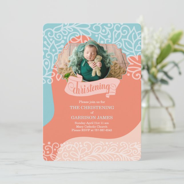 Boys Orange and Blue Waves with Photo Christening Invitation (Standing Front)