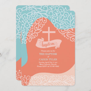 Boys Orange and Blue with Cross Baptism Invitation