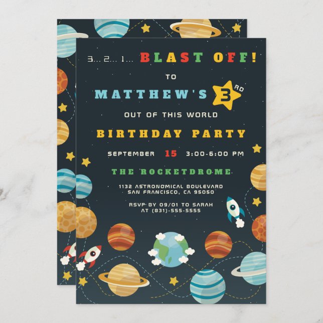 Boys Outer Space Rocket Birthday Party Invitation (Front/Back)
