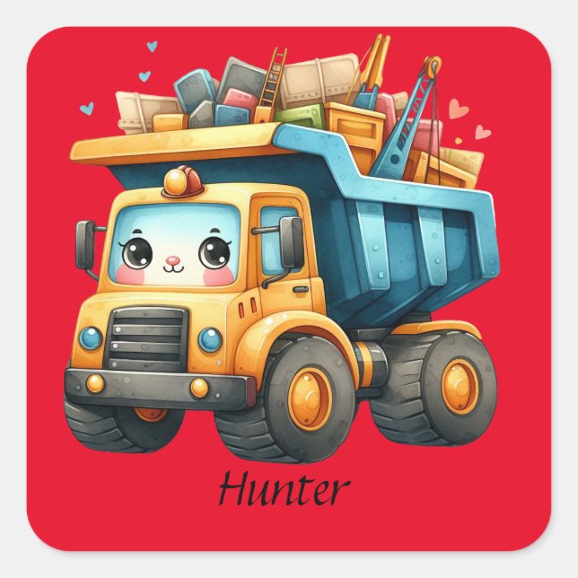 Boys Personalised name Dump Truck Square Sticker (Front)