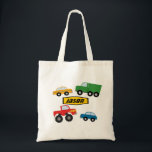 Boys Personalized Transport Vehicles Tote Bag<br><div class="desc">This tote bag features four cute vehicles,  a car,  taxi,  truck and monster truck as well as an area for text.  It's ready to be personalized and is suitable for a young boy.</div>