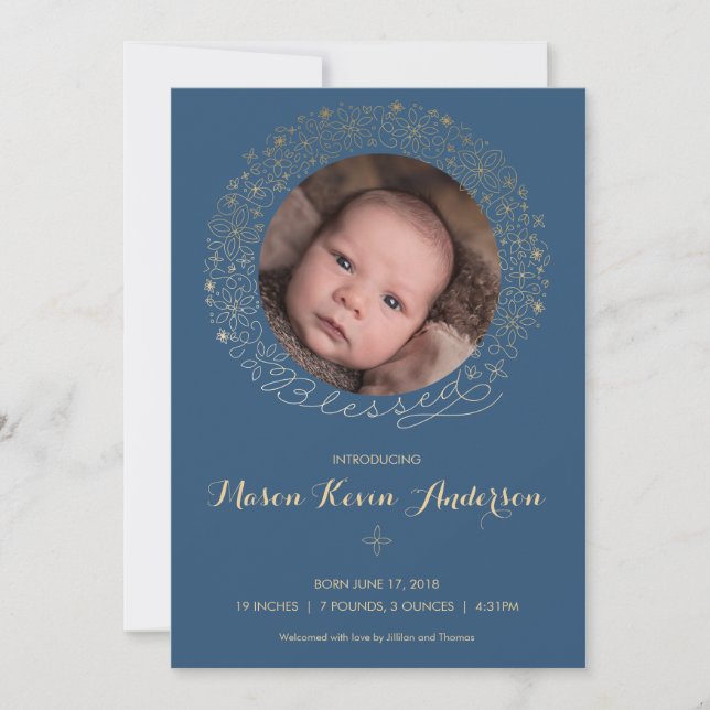Boy's Photo Birth Announcement - Religious w/ Gold (Front)
