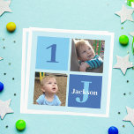 Boys Photo Collage Custom Blue Kids Birthday Party Napkin<br><div class="desc">Cool 2 photo personalised birthday party paper napkin for a little boy or toddler. Celebrate your child's 1st birthday with cute photographs of them on this add your own photograph design with cool blue squares. Add their name and age.</div>