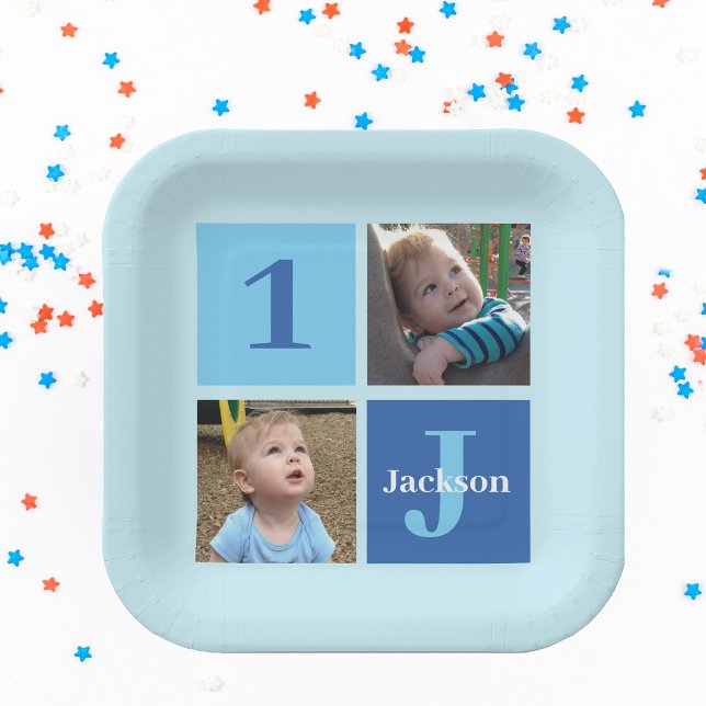 Boys Photo Collage Custom Blue Kids Birthday Party Paper Plate (Creator Uploaded)