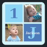 Boys Photo Collage Custom Blue Kids Birthday Party Square Sticker<br><div class="desc">Cool 2 photo personalised birthday party sticker for a little boy or toddler. Celebrate your child's 1st birthday with cute photographs of them on this add your own photograph design with cool blue squares. Add their name and age.</div>