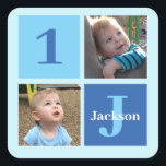 Boys Photo Collage Custom Blue Kids Birthday Party Square Sticker<br><div class="desc">Cool 2 photo personalised birthday party sticker for a little boy or toddler. Celebrate your child's 1st birthday with cute photographs of them on this add your own photograph design with cool blue squares. Add their name and age.</div>