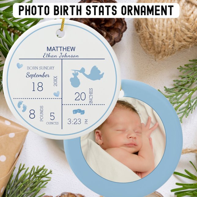 Boys Photo Personalised Birth Announcement Ceramic Ornament (Creator Uploaded)