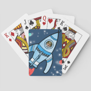 Boys photo space rocket blue playing cards