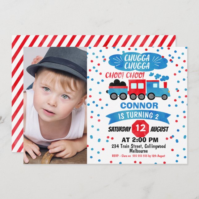 Boys Photo Watercolor Train Birthday Invitation (Front/Back)