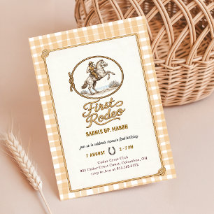 Boys Plaid Gingham Cowboy First Rodeo 1st Birthday Invitation