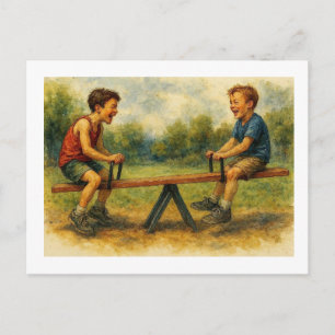 Boys Playing On Teeter Totter, Postcard