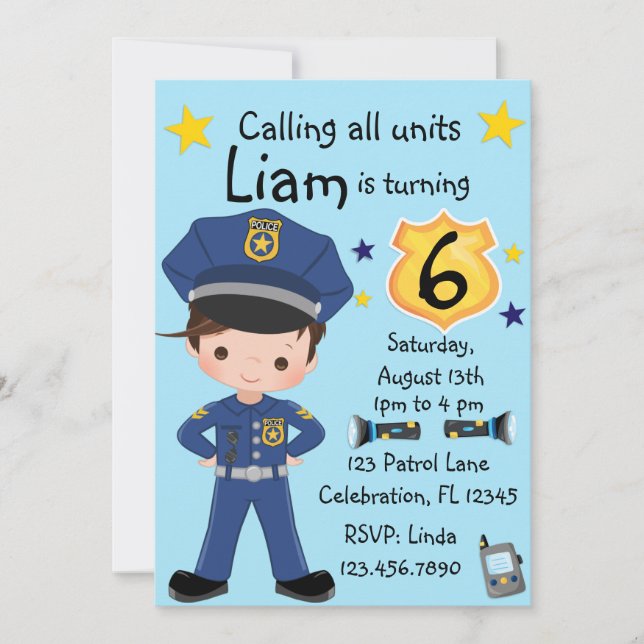 Boys Police Officer Birthday Invitation (Front)