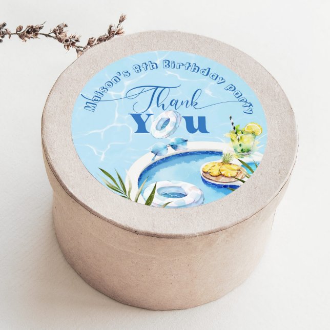 Boys pool birthday party blue swimming Thank you Classic Round Sticker (Creator Uploaded)