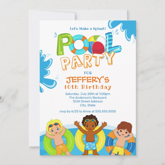 Boys Pool Party 10th Birthday Invitation (Front)