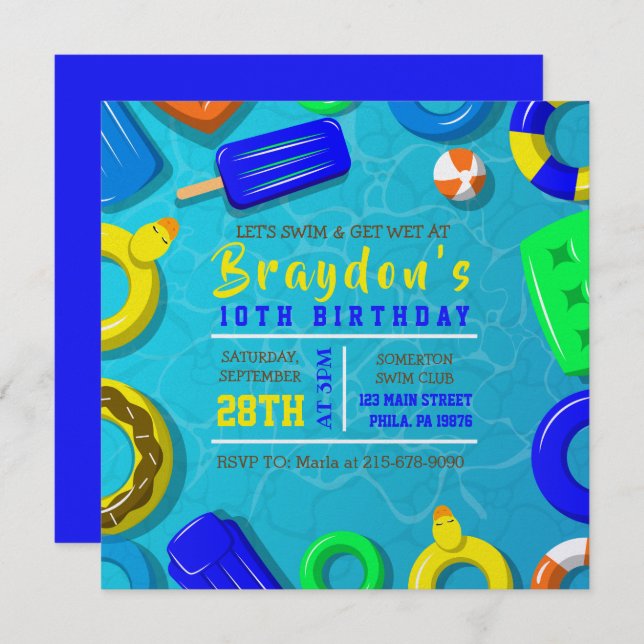 BOYS POOL SWIM FLOATS Birthday Party Invitation (Front/Back)