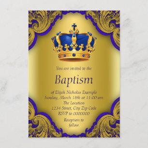 Boys Prince Baptism Royal Blue and Gold Crown Invitation